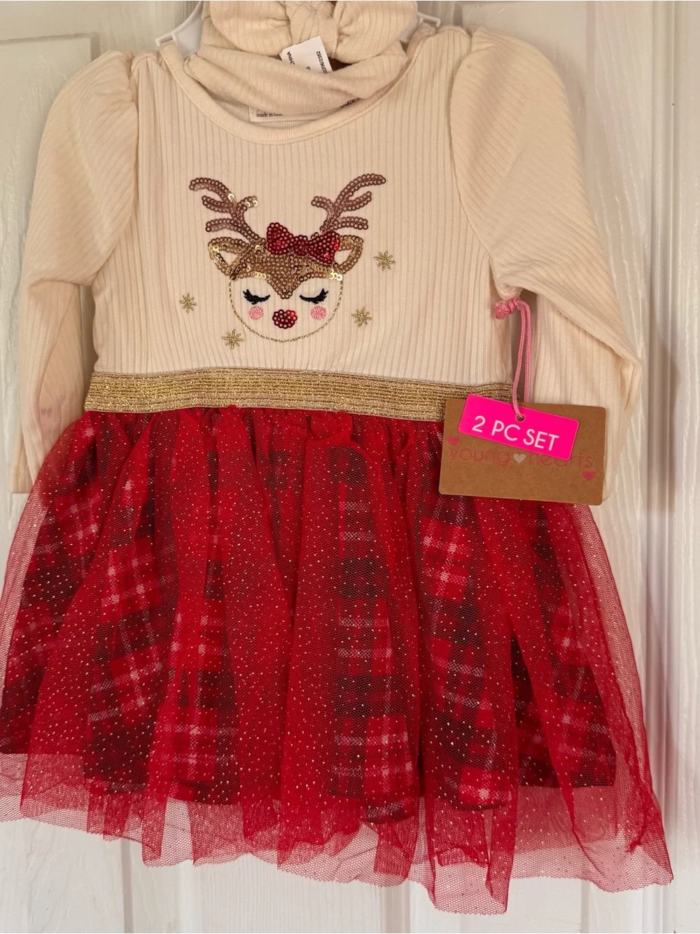 Sequin Reindeer Red Gold Holiday Plaid Tulle Dress baby young💗hearts glitter